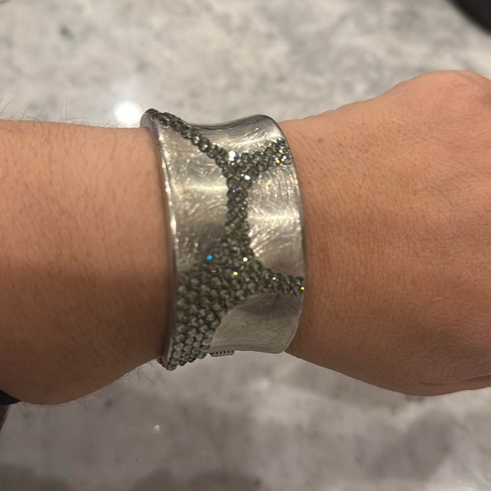 Crystal silvertone clamper cuff bracelet